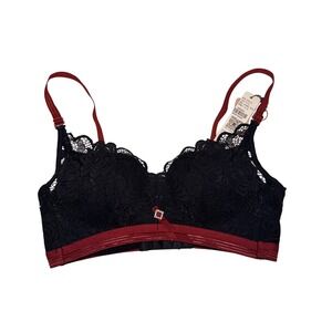 Yuanrou Black Floral Lace Bra with Red Straps and Rhinestone Detail Size 34A NEW